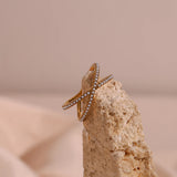 Dainty Pearl X Cross Shape Plated Finger Ring Stainless Steel