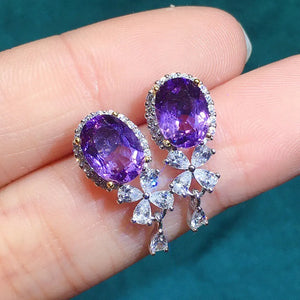 Purple Crystal Amethyst Diamonds Flower Drop Earrings Women
