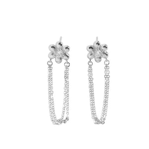 Flower Drop Chain Earrings, 925 Silver, Female