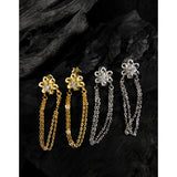 Flower Drop Chain Earrings, 925 Silver, Female