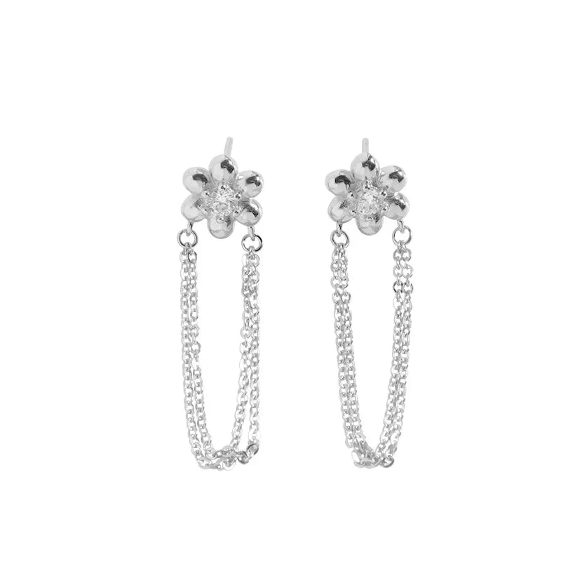 Flower Drop Chain Earrings, 925 Silver, Female