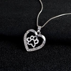 Small Dog Footprint Heart Pendant Necklace Austrian Rhinestone Inlaid