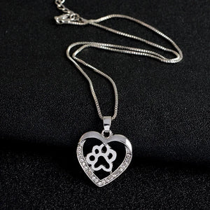 Small Dog Footprint Heart Pendant Necklace Austrian Rhinestone Inlaid