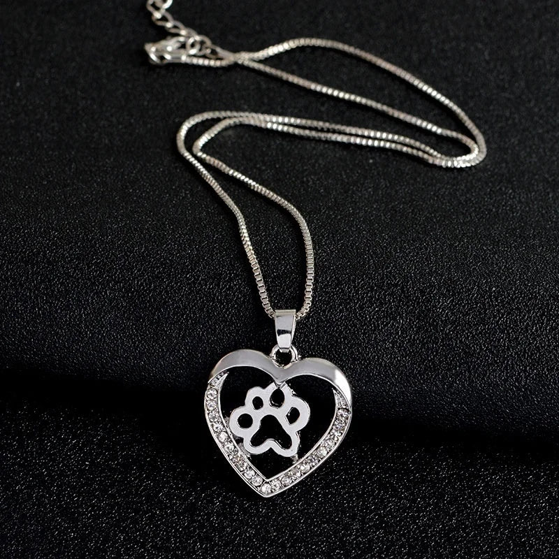 Small Dog Footprint Heart Pendant Necklace Austrian Rhinestone Inlaid