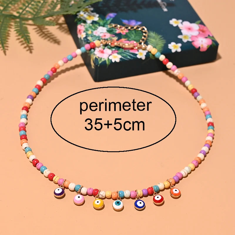 Colorful Evil Eye Beaded Choker Necklace for Women Stainless Steel Chain Pendant