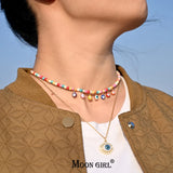 Colorful Evil Eye Beaded Choker Necklace for Women Stainless Steel Chain Pendant