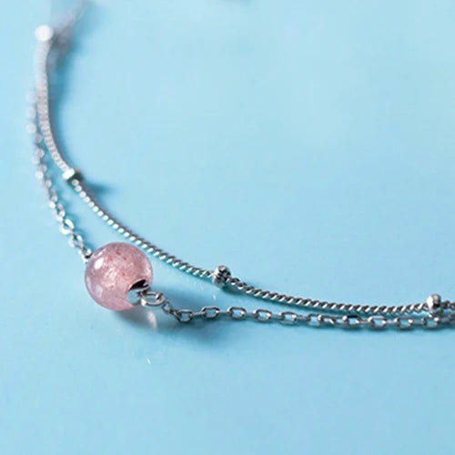 925 Silver Anklet with Strawberry Crystal Beads