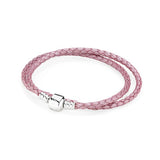 925 Sterling Silver Pink Leather Charm Bracelet for DIY Men Women