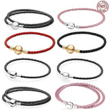 925 Sterling Silver Pink Leather Charm Bracelet for DIY Men Women