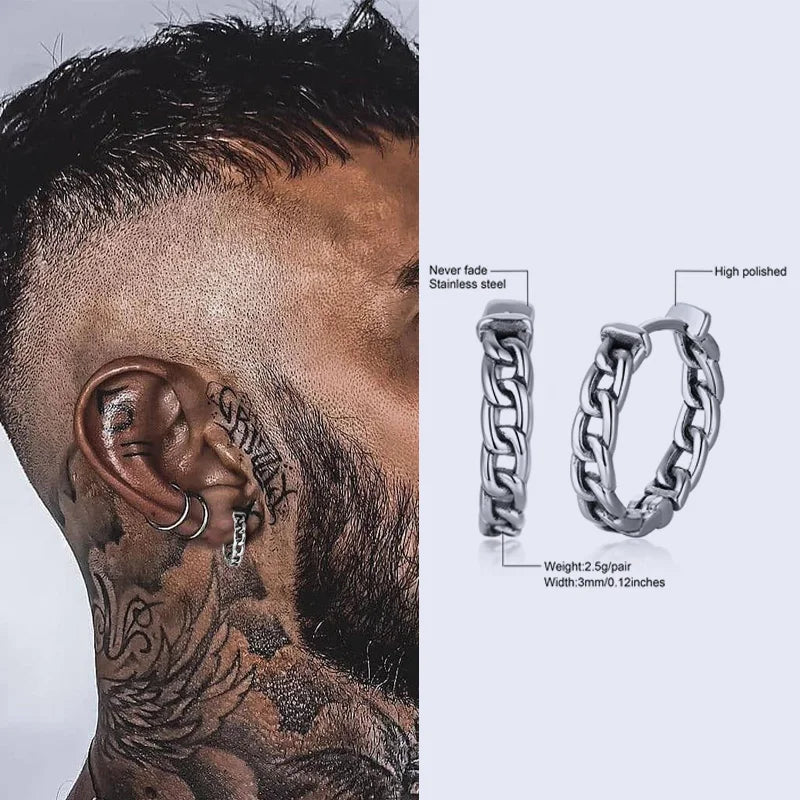 Viking Thick Hoop Earrings, Stainless Steel Men Retro Jewelry