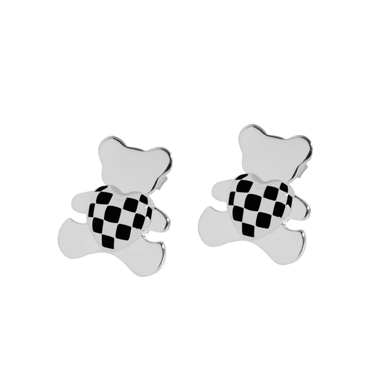 Bear Chessboard Checker Texture Earrings 925 Sterling Silver