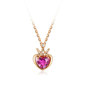Ruby Gemstone Diamond Heart Crown Pendant Necklace Women Jewelry