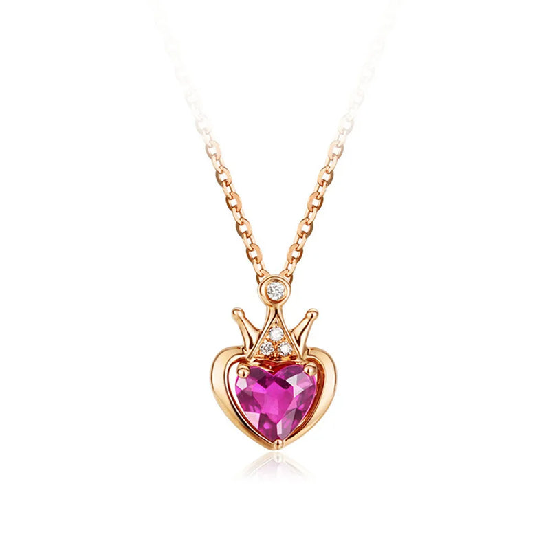 Ruby Gemstone Diamond Heart Crown Pendant Necklace Women Jewelry