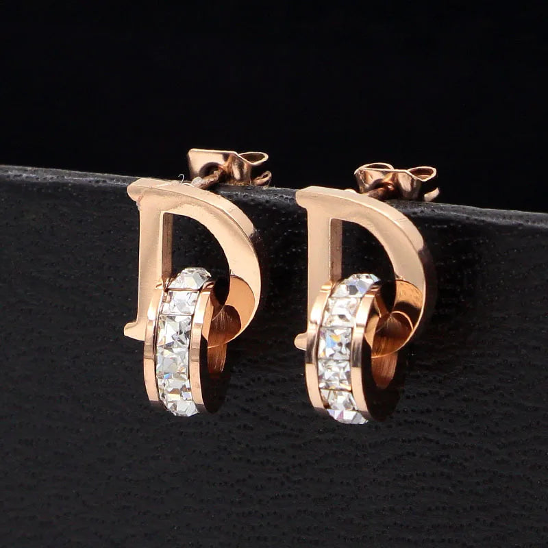 Small D Crystal Stud Earrings Titanium Steel Women's Jewelry Mother's Gift