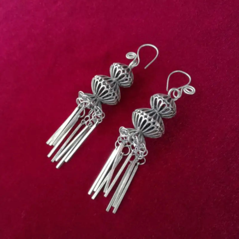 Hollowed Filigree Long Tassel Miao Silver Earrings