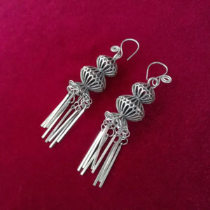 Hollowed Filigree Long Tassel Miao Silver Earrings