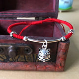 Smile Cat Charm Bracelet 925 Silver Red Thread Adjustable Bangle