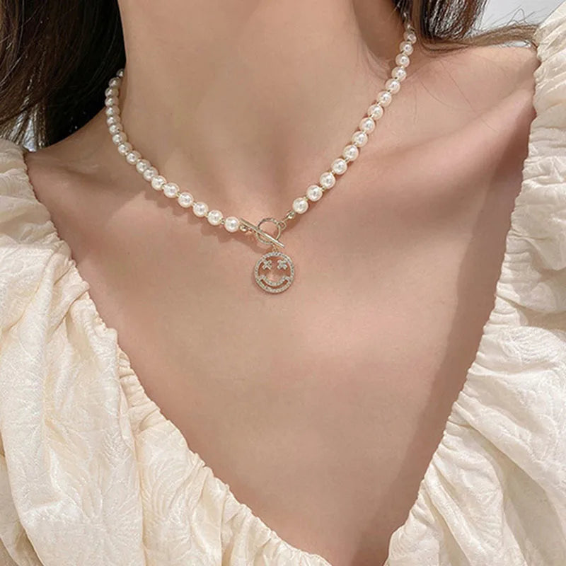 Smile Face Bead Chain Necklace Happy Face Strand Simulated Pearl Bead Necklace
