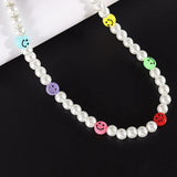 Smile Face Bead Chain Necklace Women Happy Face Simulated Pearl Bead Necklace