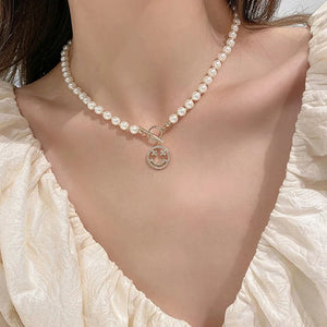 Smile Face Bead Chain Necklace Happy Face Strand Simulated Pearl Bead Necklace