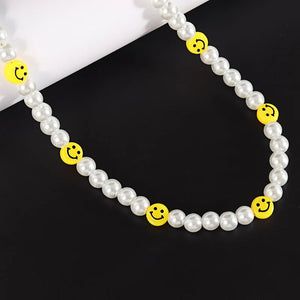 Smile Face Bead Chain Necklace Women Happy Face Simulated Pearl Bead Necklace