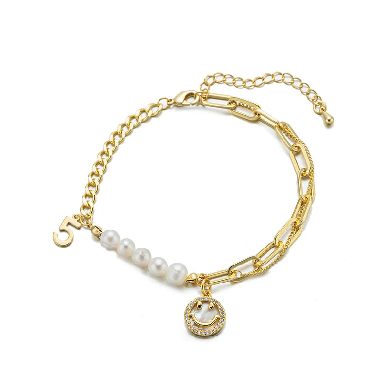 Smiley Face Pearl Couple Bracelet Charm Bangles for Women