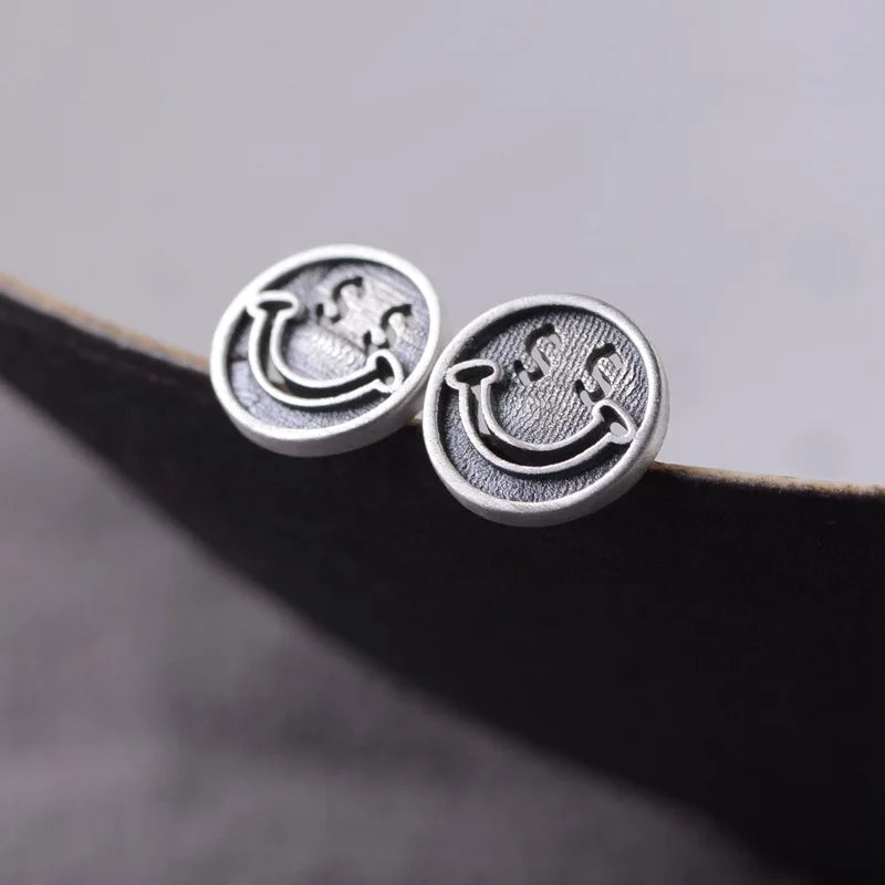 Vintage Smiling Stud Earrings 925 Jewelry for Women Girls
