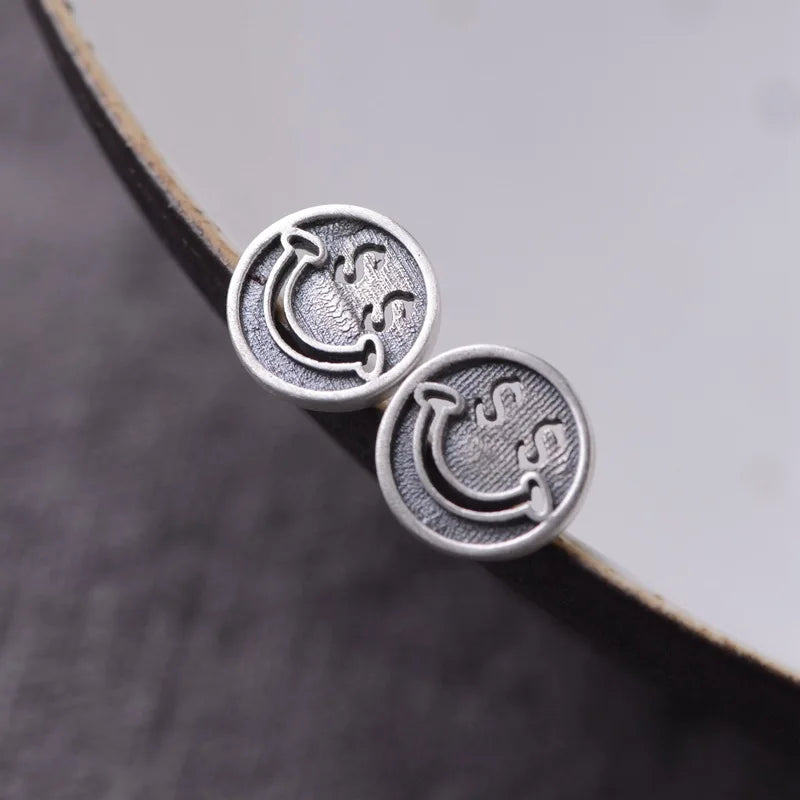 Vintage Smiling Stud Earrings 925 Jewelry for Women Girls