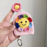 Sunflower Knit Keychains, Rainbow Design, Handmade Flower Keyring Pendant