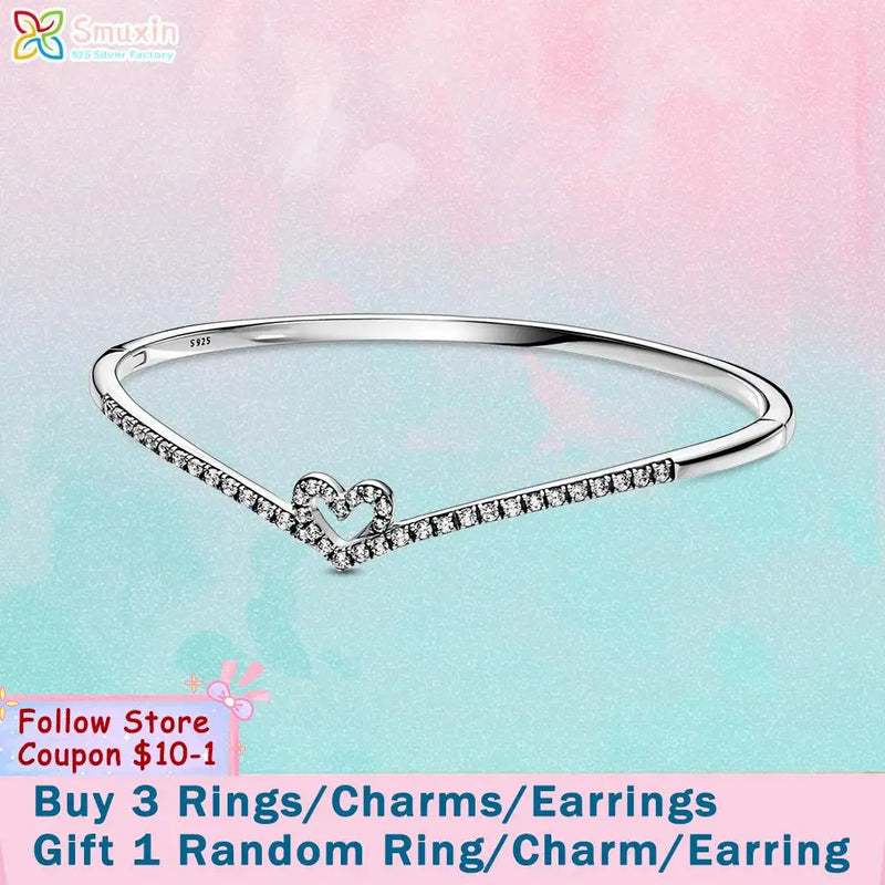 925 Silver Bangle Heart Friendship Bangles Women Jewelry