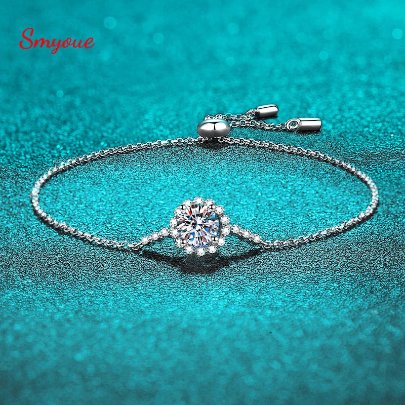 1CT Moissanite Bracelet Women Round Cut S925 Silver Adjustable Chain