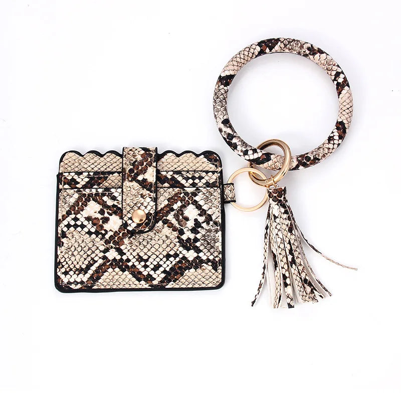 Snake Leopard Print Tassel Pendant Bag Bracelet Leather Card Package