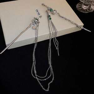 Snake Hair Sticks Punk Double Hairpin Silver Tassel Bun Chopsticks