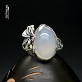 Snow Tire Plum Bone Sterling Silver Chalcedony Jade Ring