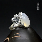 Snow Tire Plum Bone Sterling Silver Chalcedony Jade Ring