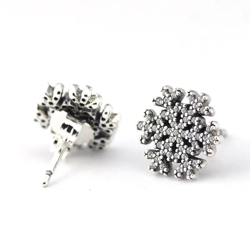 Snowflake Stud Earrings Clear CZ Sterling Silver Jewelry