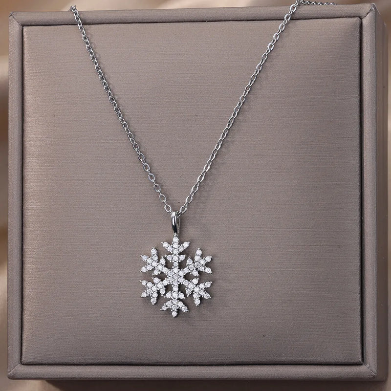 Snowflake Pendant Necklace Stainless Steel Long Chain Wedding Jewelry