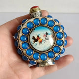 Snuff Bottle Inlay Gem Eight horses painting Noctilucent Antique Cat's Eye