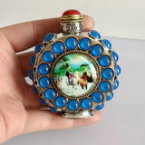 Snuff Bottle Inlay Gem Eight horses painting Noctilucent Antique Cat's Eye