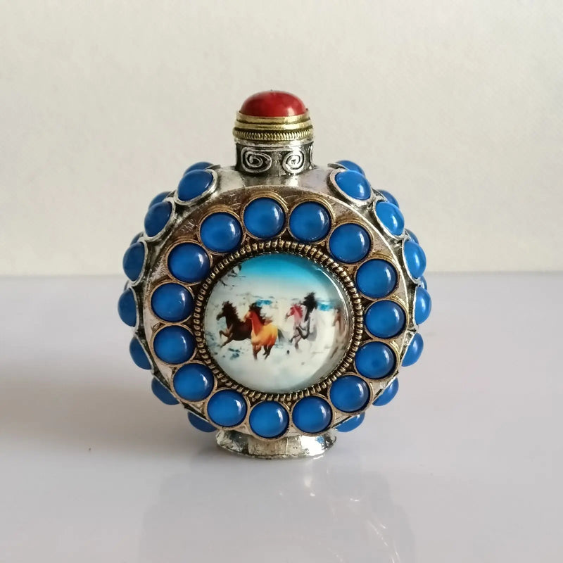 Snuff Bottle Inlay Gem Eight horses painting Noctilucent Antique Cat's Eye