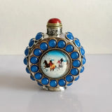Snuff Bottle Inlay Gem Eight horses painting Noctilucent Antique Cat's Eye