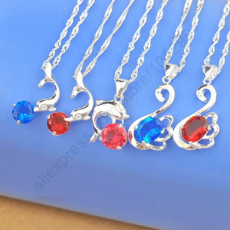 Dolphins Mix Styles 925 Silver CZ Stone Pendant Necklaces