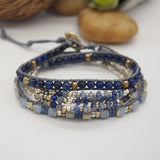 Sodalite Lapis Lazuli Triple Strands 5 Wraps Bohemian Beadwork Crystal Bracelet