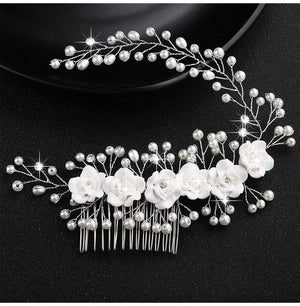 Soft Pottery Bride Bristle Comb Wedding Pearl Head Flower Hairpin Headdress