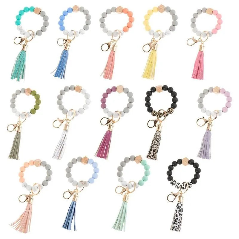 Wood Beads Bracelet With Tassel & Keys for Women Multicolor Keychain
