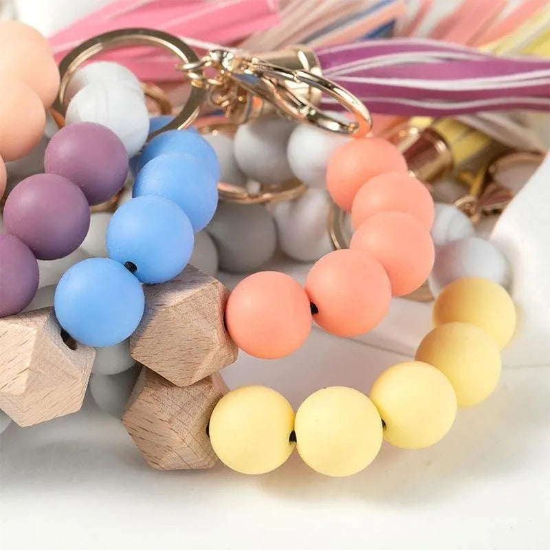 Wood Beads Bracelet With Tassel & Keys for Women Multicolor Keychain
