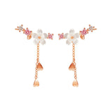 100% 14K Long Ear Cuff Stud Earrings Rhinestone Flower Earrings