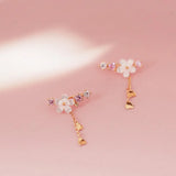100% 14K Long Ear Cuff Stud Earrings Rhinestone Flower Earrings