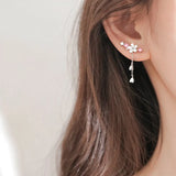 100% 14K Long Ear Cuff Stud Earrings Rhinestone Flower Earrings