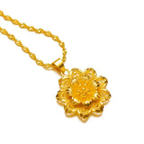 18k Yellow Hollow Sun Flower Necklace for Women Bride Charm Fine Jewelry